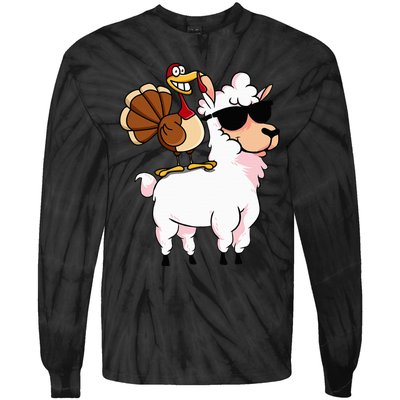 Funny Thanksgiving Gifts Hipster Llama Riding Turkey Tie-Dye Long Sleeve Shirt