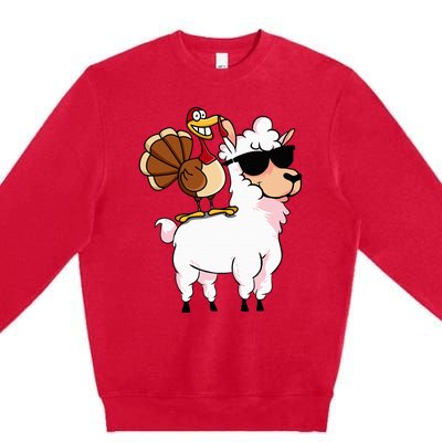 Funny Thanksgiving Gifts Hipster Llama Riding Turkey Premium Crewneck Sweatshirt