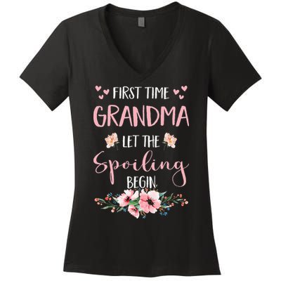 First Time Grandma Let The Spoiling Begin for  Women's V-Neck T-Shirt