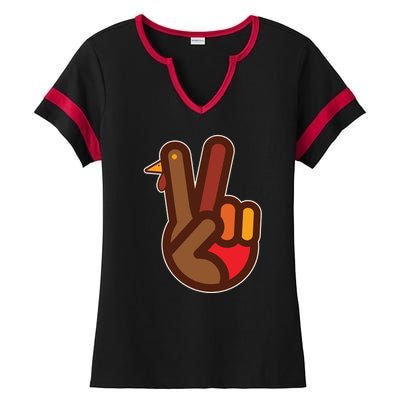 Funny Turkey Hand Thanksgiving Retro Peace Vintage Ladies Halftime Notch Neck Tee