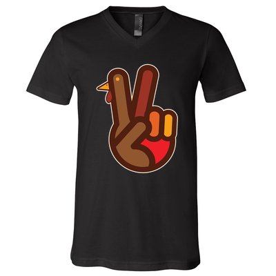 Funny Turkey Hand Thanksgiving Retro Peace Vintage V-Neck T-Shirt