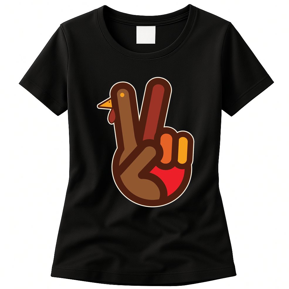 Funny Turkey Hand Thanksgiving Retro Peace Vintage Womens T-Shirt