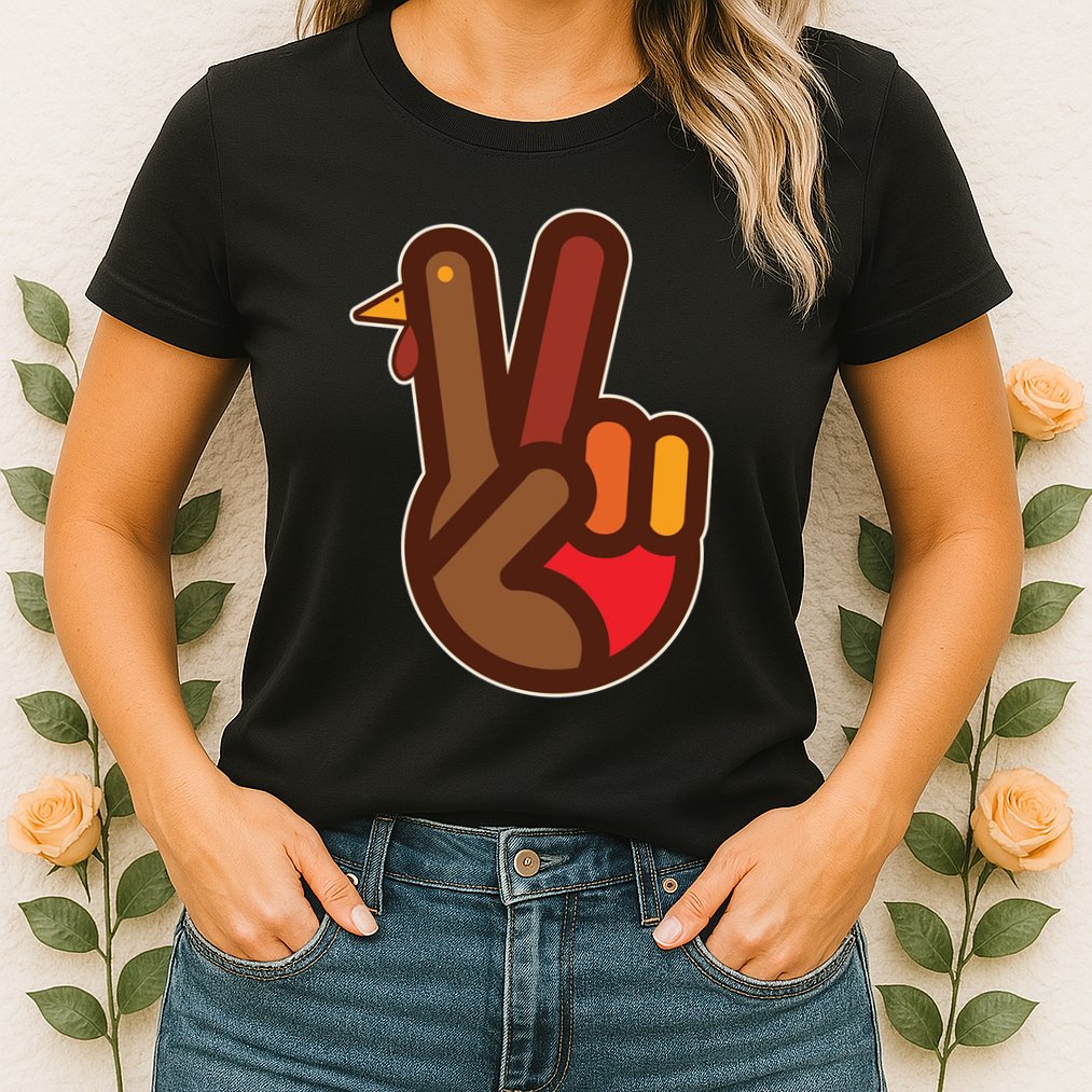 Funny Turkey Hand Thanksgiving Retro Peace Vintage Womens T-Shirt