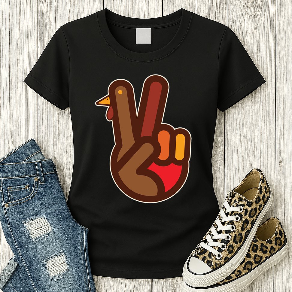 Funny Turkey Hand Thanksgiving Retro Peace Vintage Womens T-Shirt