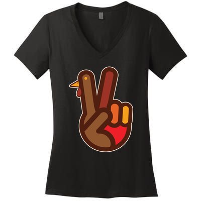Funny Turkey Hand Thanksgiving Retro Peace Vintage Women's V-Neck T-Shirt
