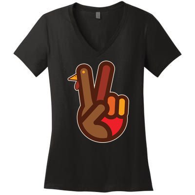 Funny Turkey Hand Thanksgiving Retro Peace Vintage Women's V-Neck T-Shirt