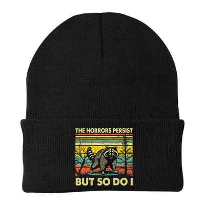 Funny The Horrors Persist But So Do Raccoon Meme Sarcastic Knit Cap Winter Beanie