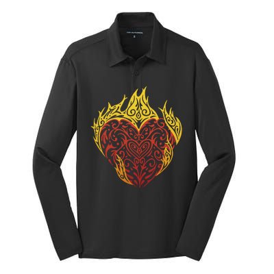 Flaming Tribal Heart Silk Touch Performance Long Sleeve Polo