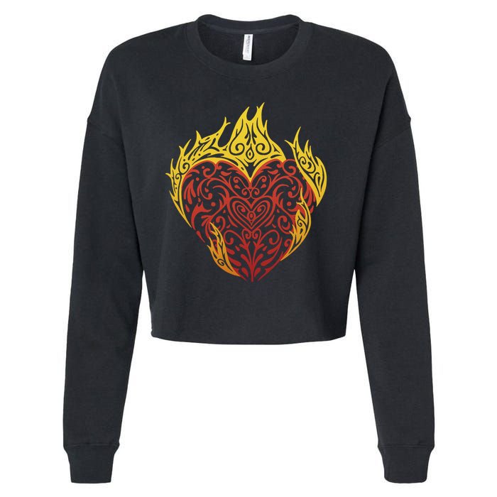 Flaming Tribal Heart Cropped Pullover Crew