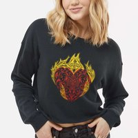 Flaming Tribal Heart Cropped Pullover Crew