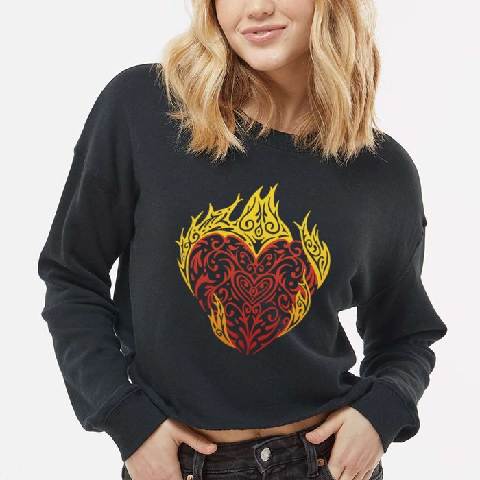 Flaming Tribal Heart Cropped Pullover Crew