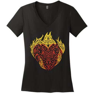 Flaming Tribal Heart Women's V-Neck T-Shirt