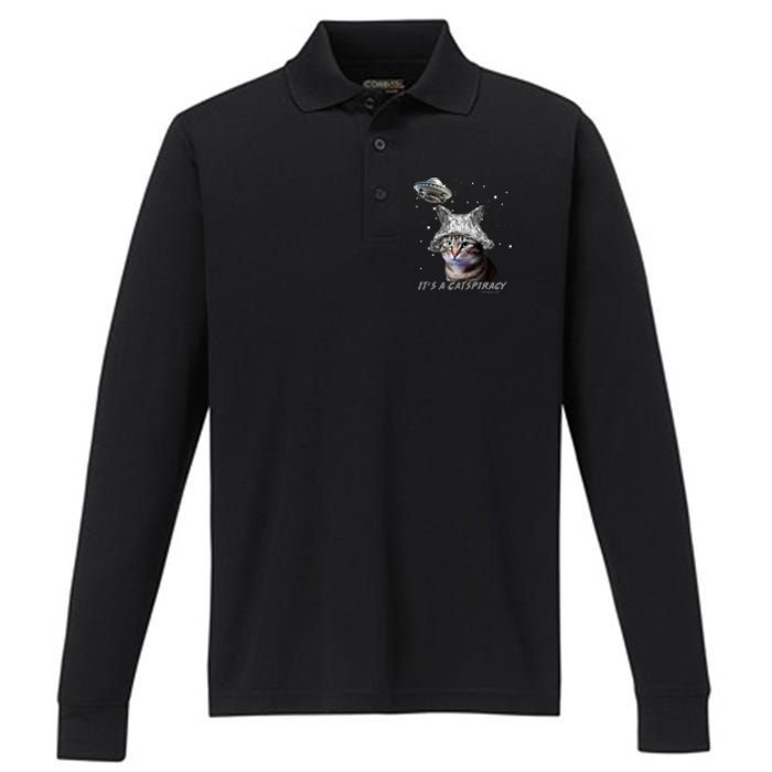 Funny Tinfoil Hat Cat Lover Performance Long Sleeve Polo