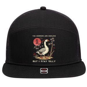 Funny The Horrors Are Endless But I Stay Silly Goose Meme 7 Panel Mesh Trucker Snapback Hat