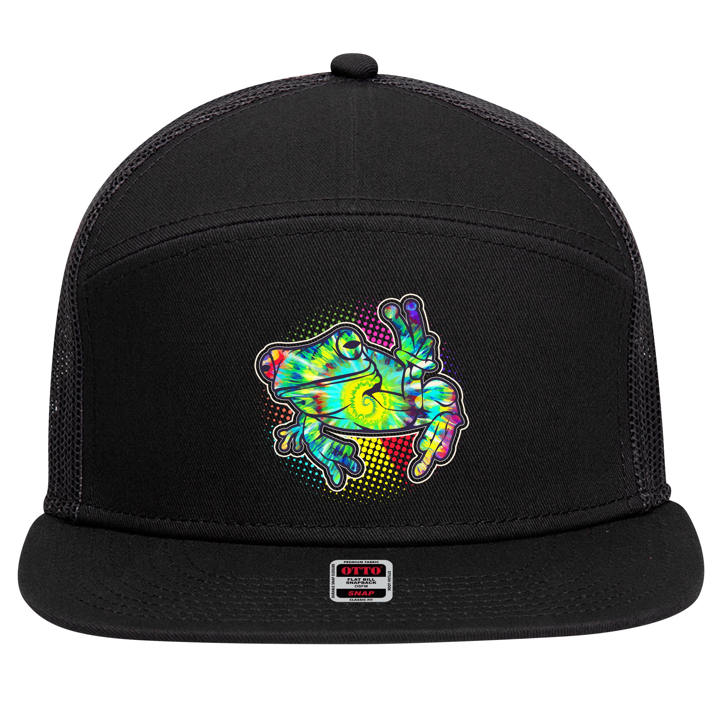 Funny Trippy Hippie Psychedelic Peace Frog 7 Panel Mesh Trucker Snapback Hat