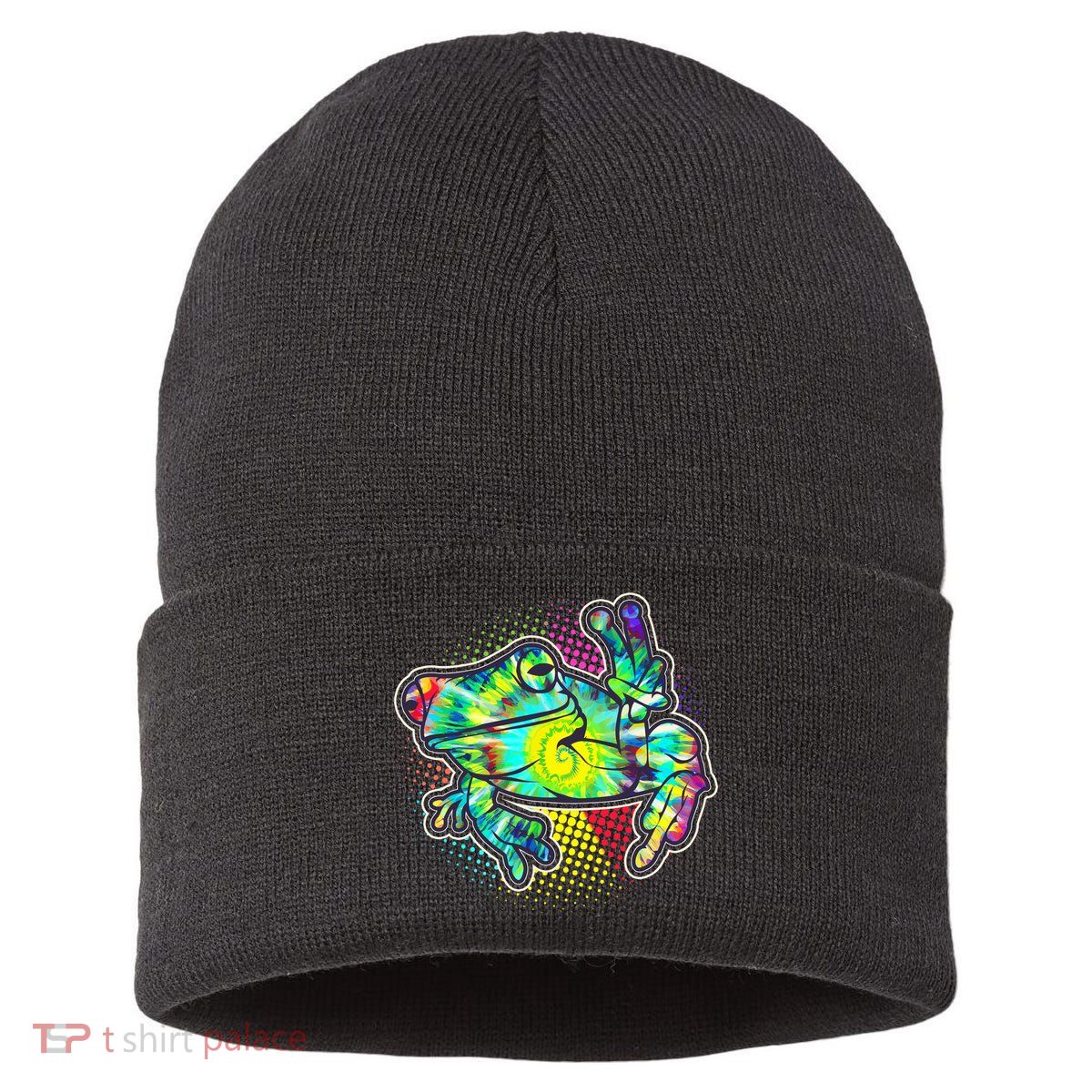 Funny Trippy Hippie Psychedelic Peace Frog Sustainable Knit Beanie