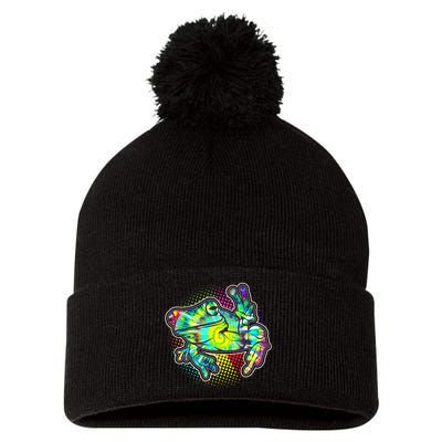 Funny Trippy Hippie Psychedelic Peace Frog Pom Pom 12in Knit Beanie