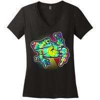 Funny Trippy Hippie Psychedelic Peace Frog Women's V-Neck T-Shirt