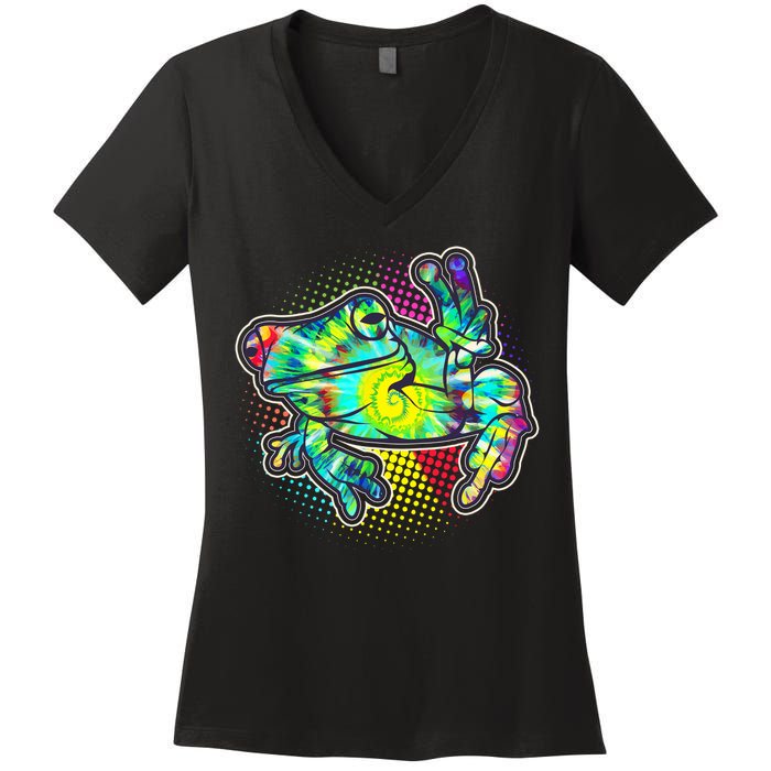 Funny Trippy Hippie Psychedelic Peace Frog Women's V-Neck T-Shirt
