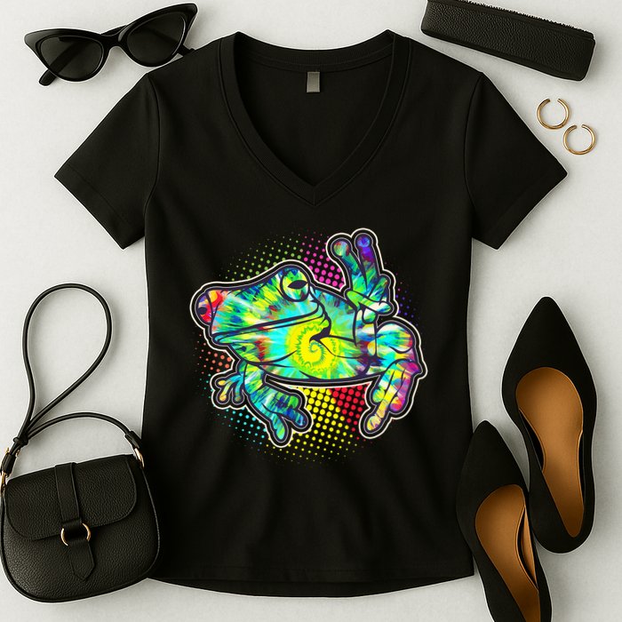 Funny Trippy Hippie Psychedelic Peace Frog Women's V-Neck T-Shirt