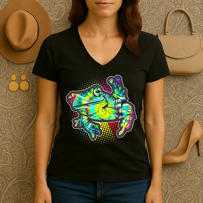 Funny Trippy Hippie Psychedelic Peace Frog Women's V-Neck T-Shirt