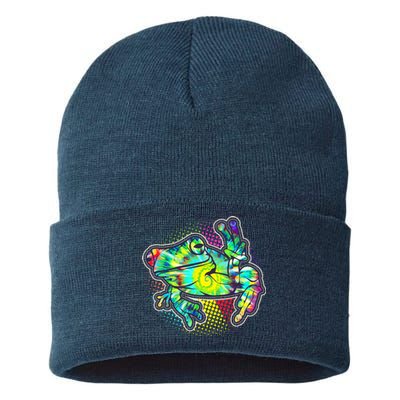 Funny Trippy Hippie Psychedelic Peace Frog Sustainable Knit Beanie