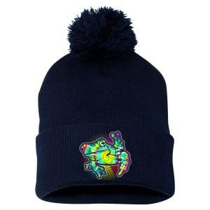 Funny Trippy Hippie Psychedelic Peace Frog Pom Pom 12in Knit Beanie