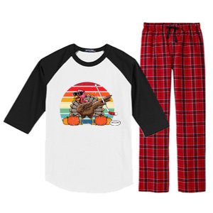 Funny Thanksgiving Hockey Player Team Dabbing Turkey Day Gift Raglan Sleeve Pajama Set