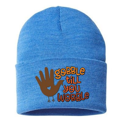 Funny Turkey Hand Gobble Till You Wobble Thanksgiving Fall Gift Sustainable Knit Beanie