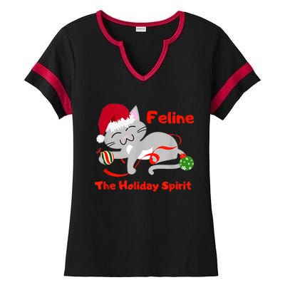 Feline The Holiday Spirit Christmas Kitty Cat Cute Gift Ladies Halftime Notch Neck Tee