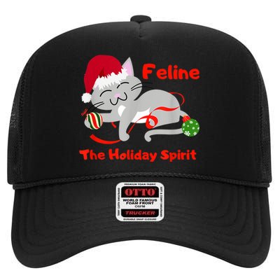 Feline The Holiday Spirit Christmas Kitty Cat Cute Gift High Crown Mesh Back Trucker Hat