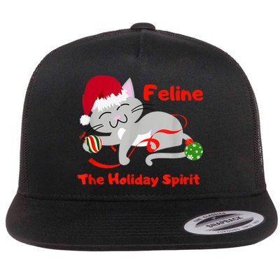 Feline The Holiday Spirit Christmas Kitty Cat Cute Gift Flat Bill Trucker Hat