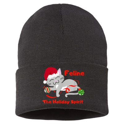 Feline The Holiday Spirit Christmas Kitty Cat Cute Gift Sustainable Knit Beanie