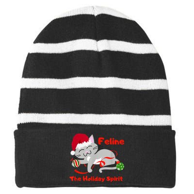 Feline The Holiday Spirit Christmas Kitty Cat Cute Gift Striped Beanie with Solid Band