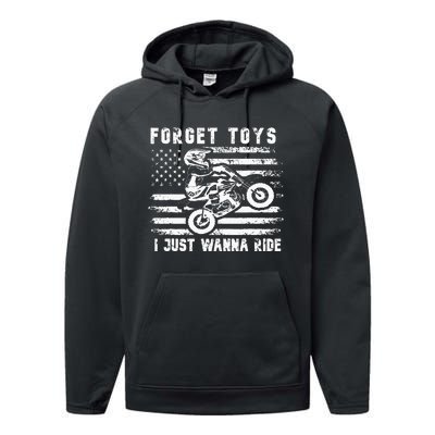 Forget Toys I Just Wanna Ride Dirt Bike Usa Flag Motocross Performance Fleece Hoodie