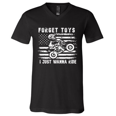 Forget Toys I Just Wanna Ride Dirt Bike Usa Flag Motocross V-Neck T-Shirt