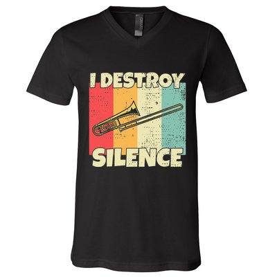 Funny Trombone Instrument I Destroy Silence For Trombone V-Neck T-Shirt