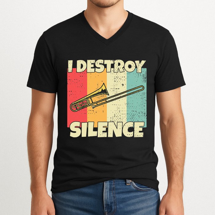 Funny Trombone Instrument I Destroy Silence For Trombone V-Neck T-Shirt