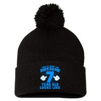 Funny This Is What An Awesome 7 Year Old Looks Like Birthday Pom Pom 12in Knit Beanie