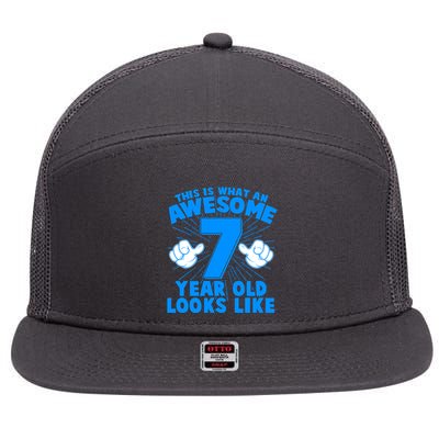 Funny This Is What An Awesome 7 Year Old Looks Like Birthday 7 Panel Mesh Trucker Snapback Hat
