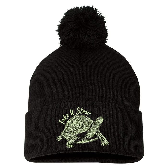 Funny Take It Slow Turtle Tortoise Pom Pom 12in Knit Beanie