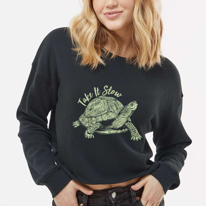 Funny Take It Slow Turtle Tortoise Cropped Pullover Crew