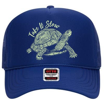 Funny Take It Slow Turtle Tortoise High Crown Mesh Back Trucker Hat