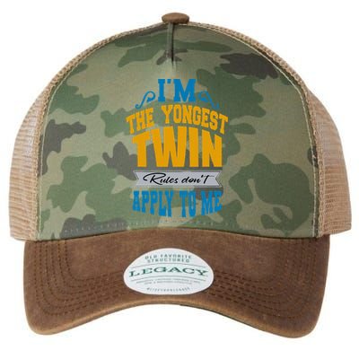 Funny Twins I Am The Youngest Twin Rules DonT Apply To Me Legacy Tie Dye Trucker Hat