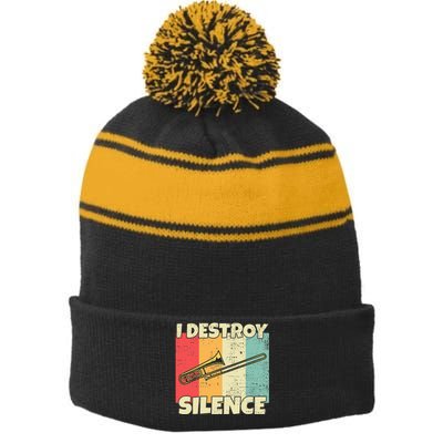 Funny Trombone Instrument I Destroy Silence For Trombone Stripe Pom Pom Beanie