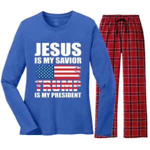 Funny Trump Jesus Is My Savior Trump Is My President Gift Women's Long Sleeve Flannel Pajama Set 