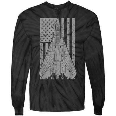 F14 Tomcat Jet Fighter Vintage American Flag Tie-Dye Long Sleeve Shirt