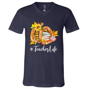 Funny Teacher Life Pumpkin Latte Autumn Thanksgiving V-Neck T-Shirt