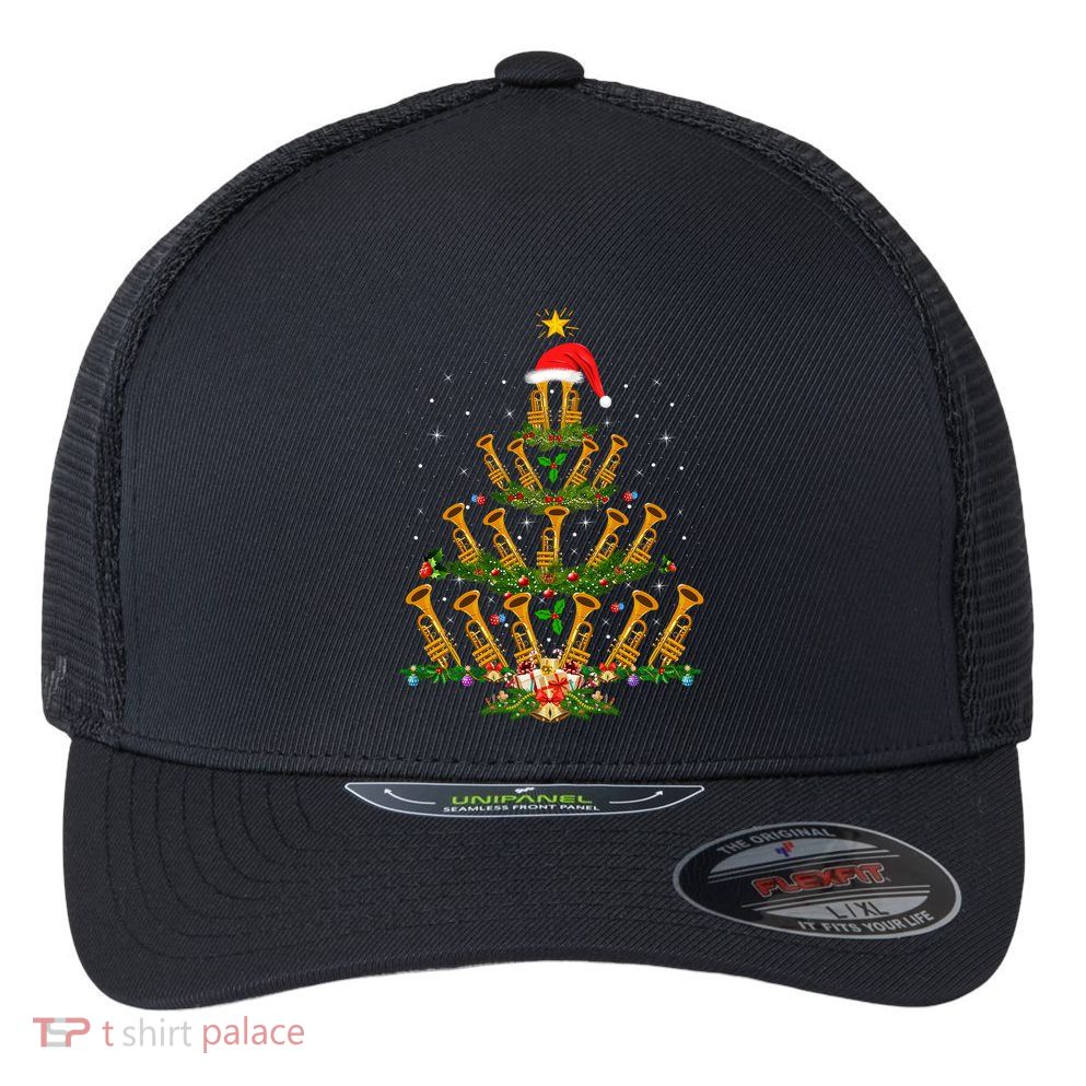 Funny Trumpet Lover Xmas Lighting Trumpet Christmas Tree Meaningful Gift Flexfit Unipanel Trucker Cap