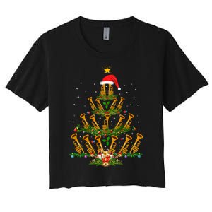 Funny Trumpet Lover Xmas Lighting Trumpet Christmas Tree Long Sleeve Women's Crop Top Tee